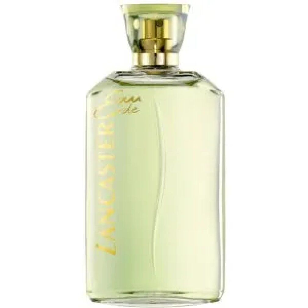 Grünes Eau de Toilette-Flakon mit goldfarbenem Verschluss. Schriftzug "Lancaster Eau de" in Gold. Rechteckige Form.