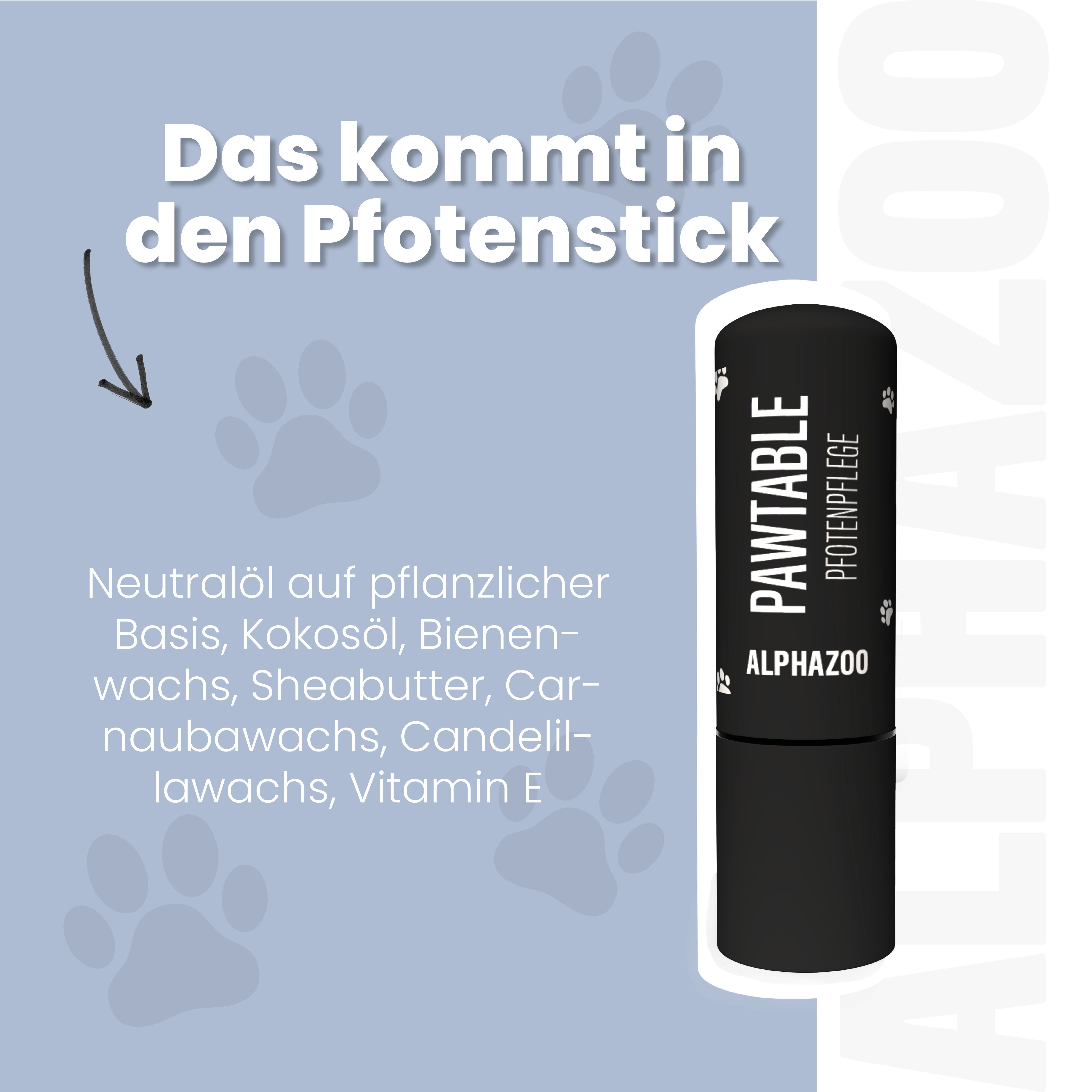 Pflegestift mit Inhaltsstoffen. Text: Neutralöl, Kokosöl, Sheabutter, Candelillawachs, Vitamin E. Aufschrift: PAWTABLE, PFOTENPFLEGE, ALPHAZOO.