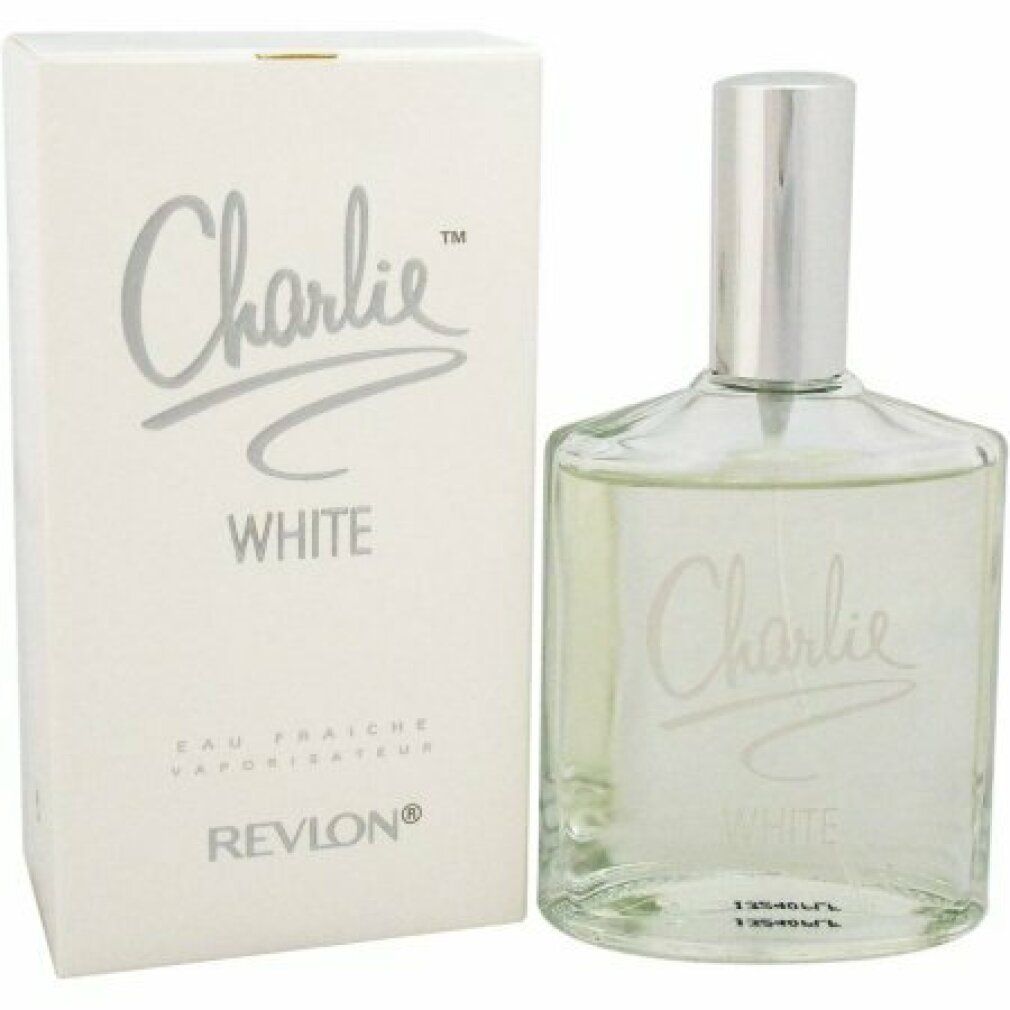 Flakon und Schachtel von Charlie White Eau Fraiche. Aufschrift: Charlie White, Revlon. Transparente Flüssigkeit. 125 ml.