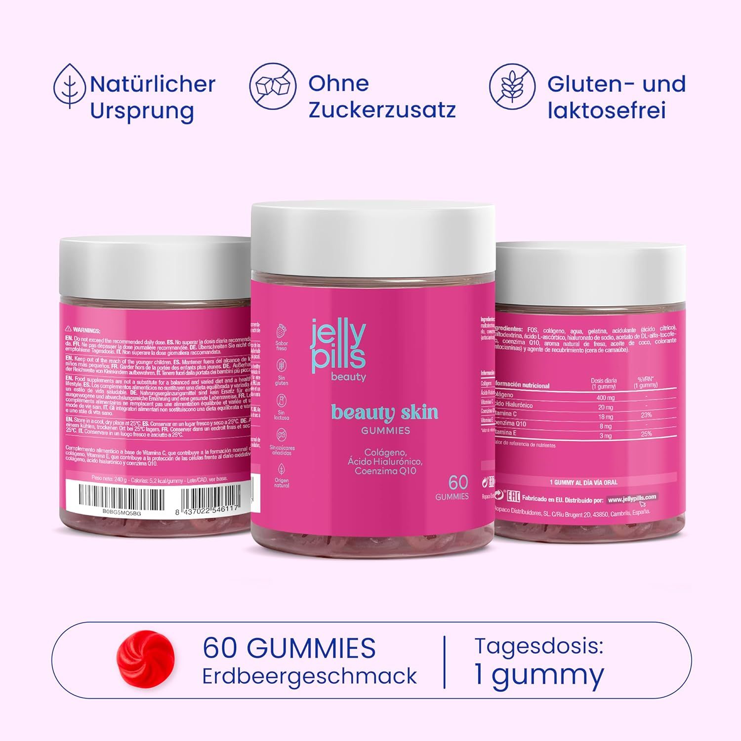 Drei rosa Dosen "Jelly Pills beauty beauty skin GUMMIES". Aufschrift: 60 GUMMIES Erdbeergeschmack. Tagesdosis: 1 gummy.