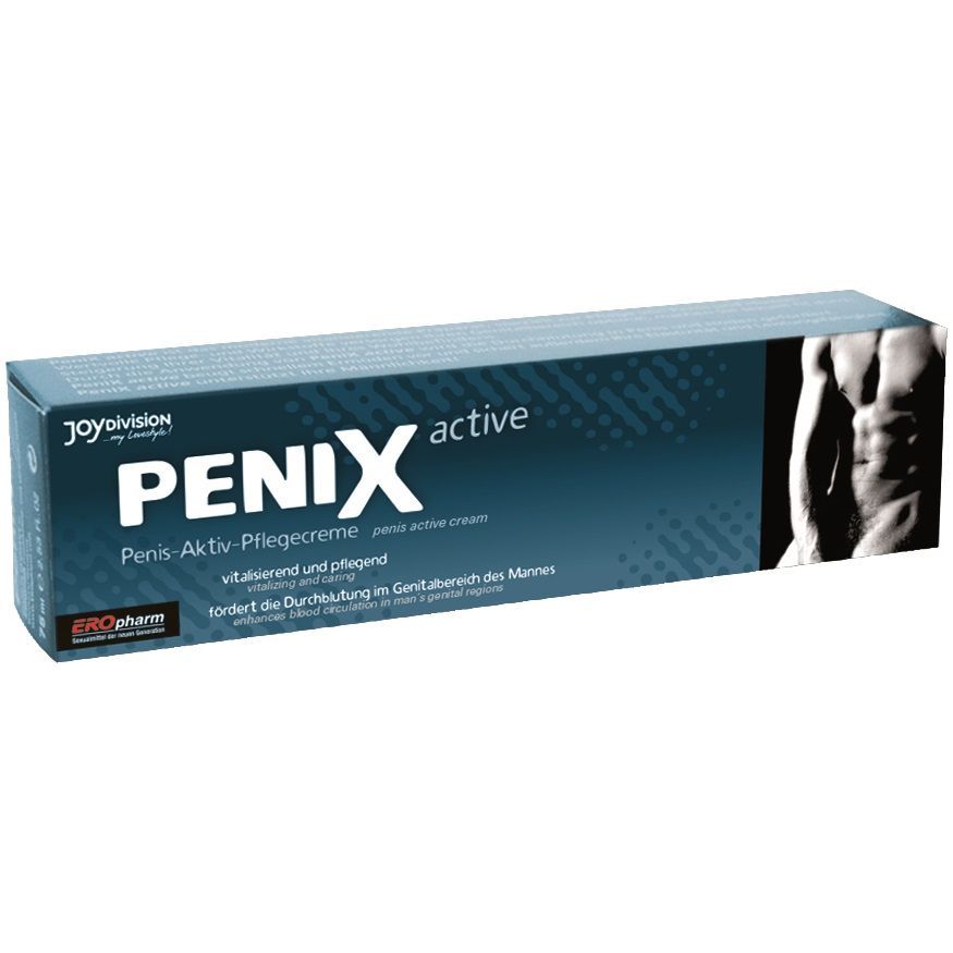 Blaue Box mit „PENIX active“ Schriftzug. Produktname und Logo. Abbildung eines Mannes. Enthält Tube.