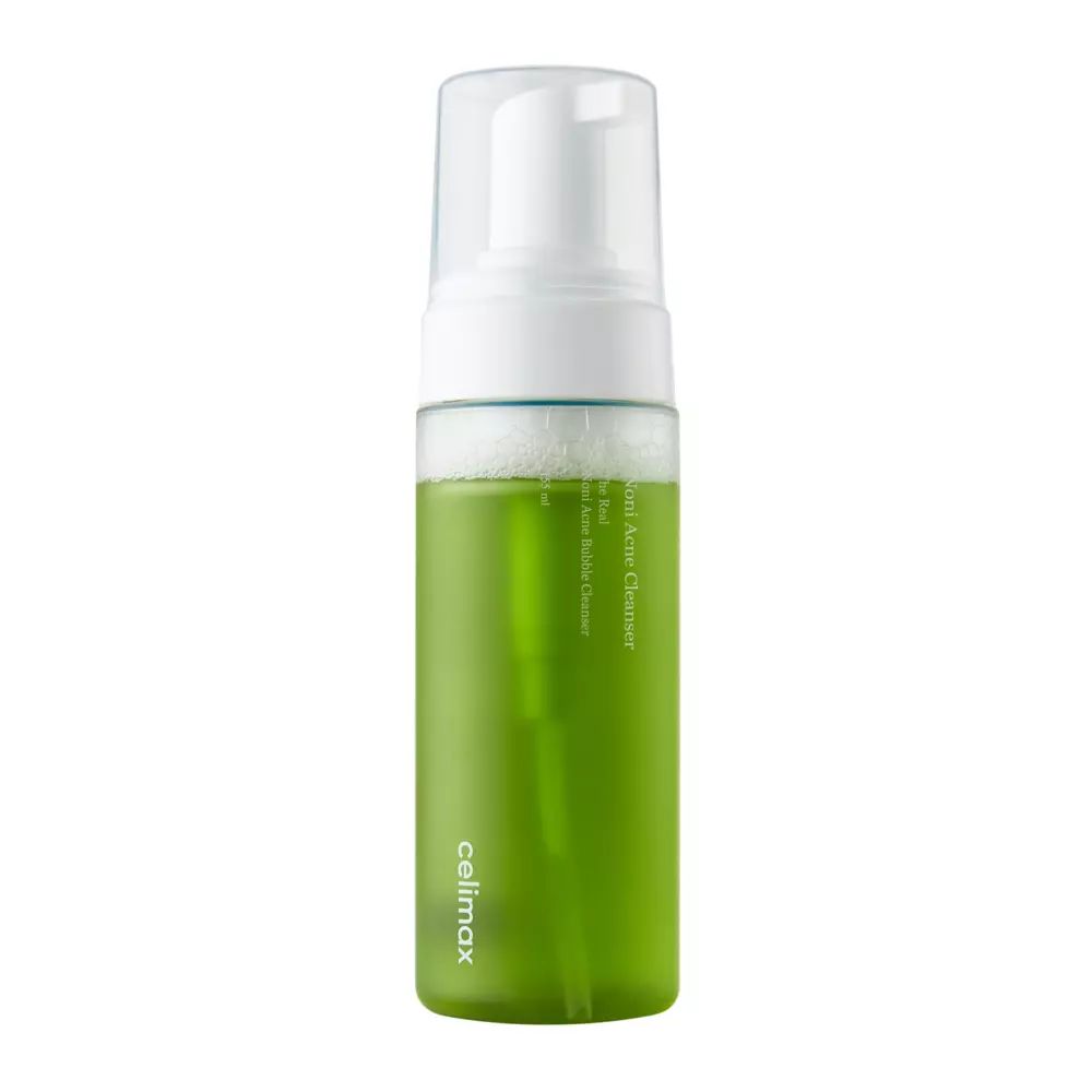 Grüne Flasche mit weißem Pumpkopf. Aufschrift: Celimax. Produktname: Noni Acne Bubble Cleansing.