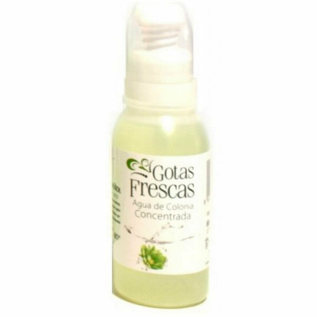 Klarflüssiges Eau de Cologne in einer weißen Sprühflasche. Aufschrift: Gotas Frescas, Agua de Colonia Concentrada.