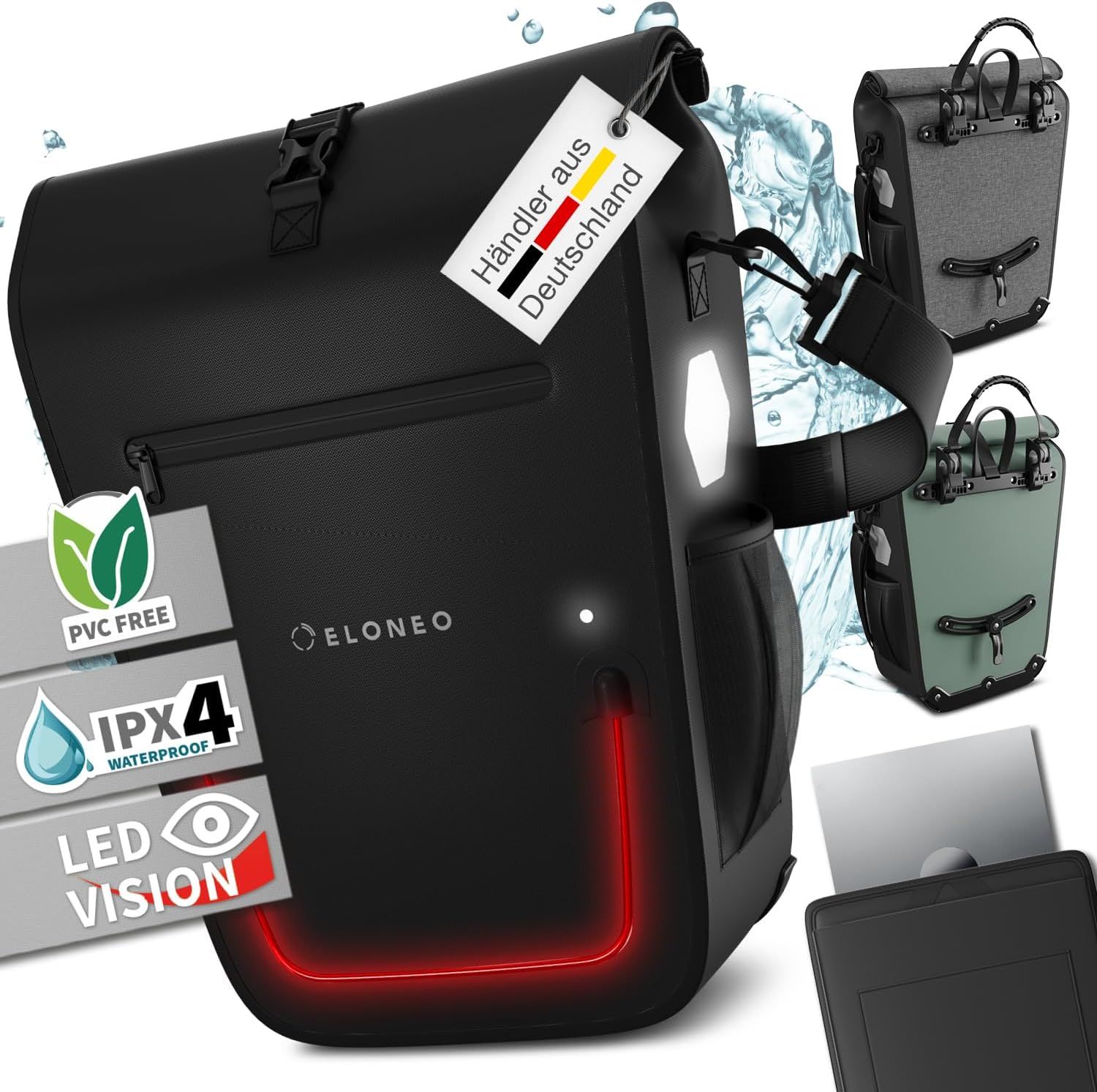 ELONEO Fahrradtasche Gepäckträgertasche, Satteltasche mit Reflektorstreifen wasserdicht mit LED