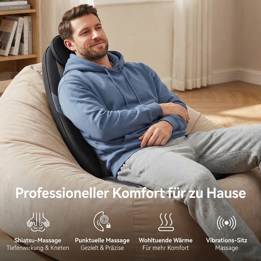 Nackenmassagegerät mit rotem Licht, Bedienelementen und Ladeanzeige.