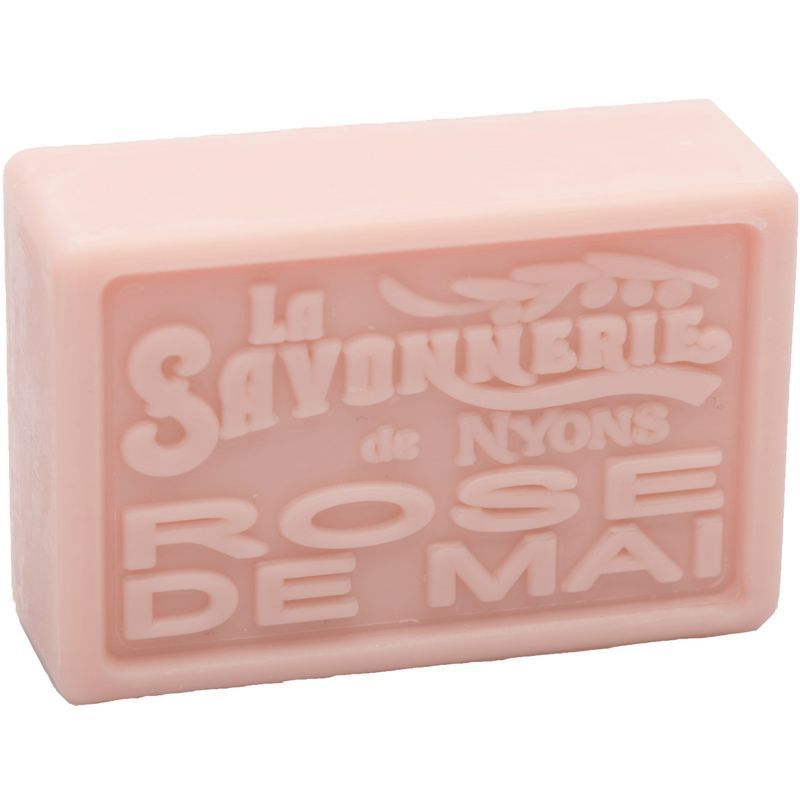 Rosa Seife, rechteckig. Geprägt: La Savonnerie de Nyons, Rose de Mai. Hellrosa Farbe.