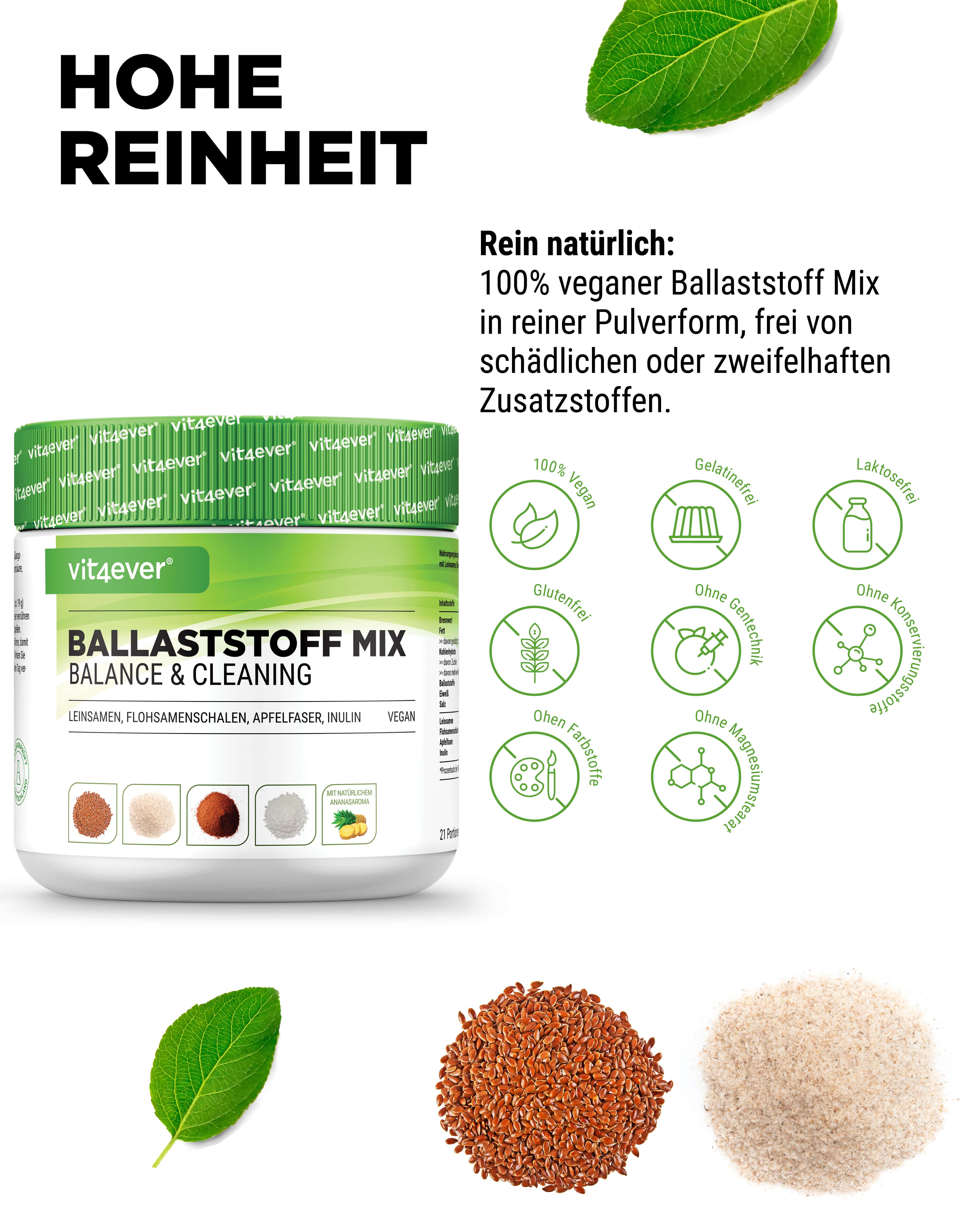 Produktglas vit4ever Ballaststoff Mix Balance & Cleaning. Enthält Leinsamen, Flohsamenschalen, Apfelfaser, Inulin. 100% vegan, glutenfrei, ohne Zusatzstoffe.