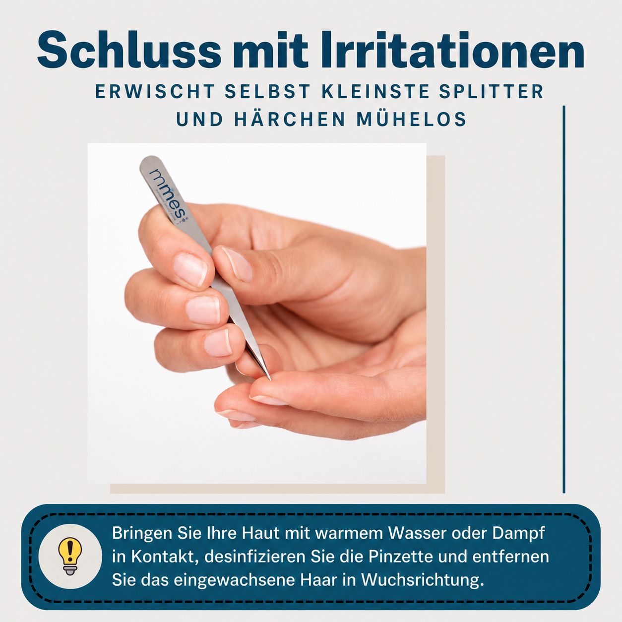 Hand hält eine REMOS Pinzette, die kleinste Splitter und Härchen mühelos erfasst.
