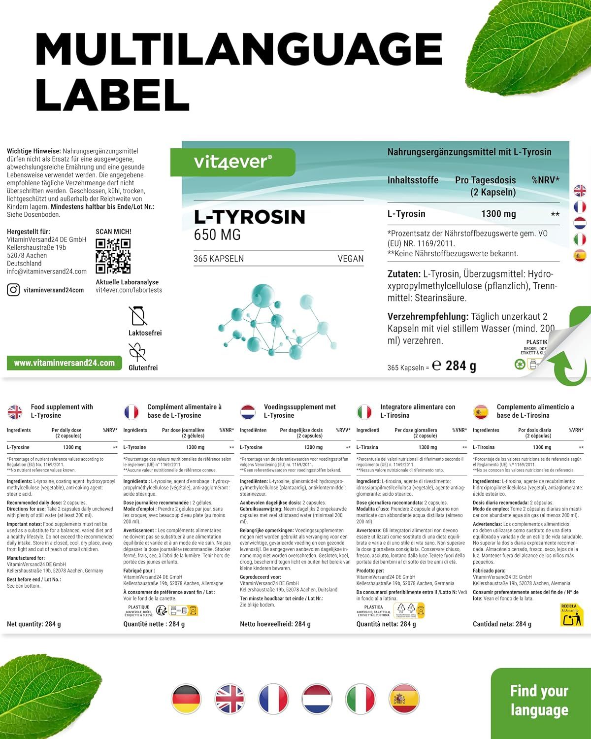 Vit4ever L-Tyrosin Dose mit mehrsprachigem Etikett, 365 Kapseln, 284 g.