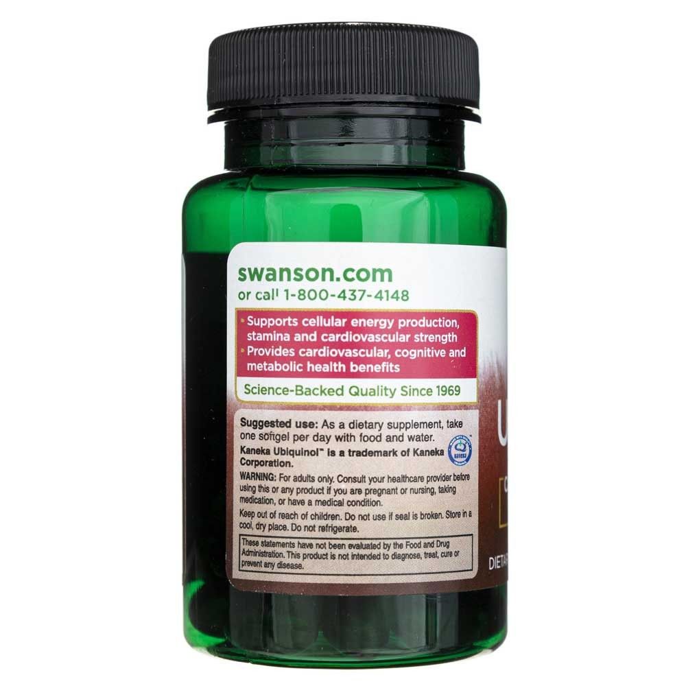 Rückseite einer Swanson Ubiquinol 100 mg Flasche mit Anwendungshinweisen und Warnungen.