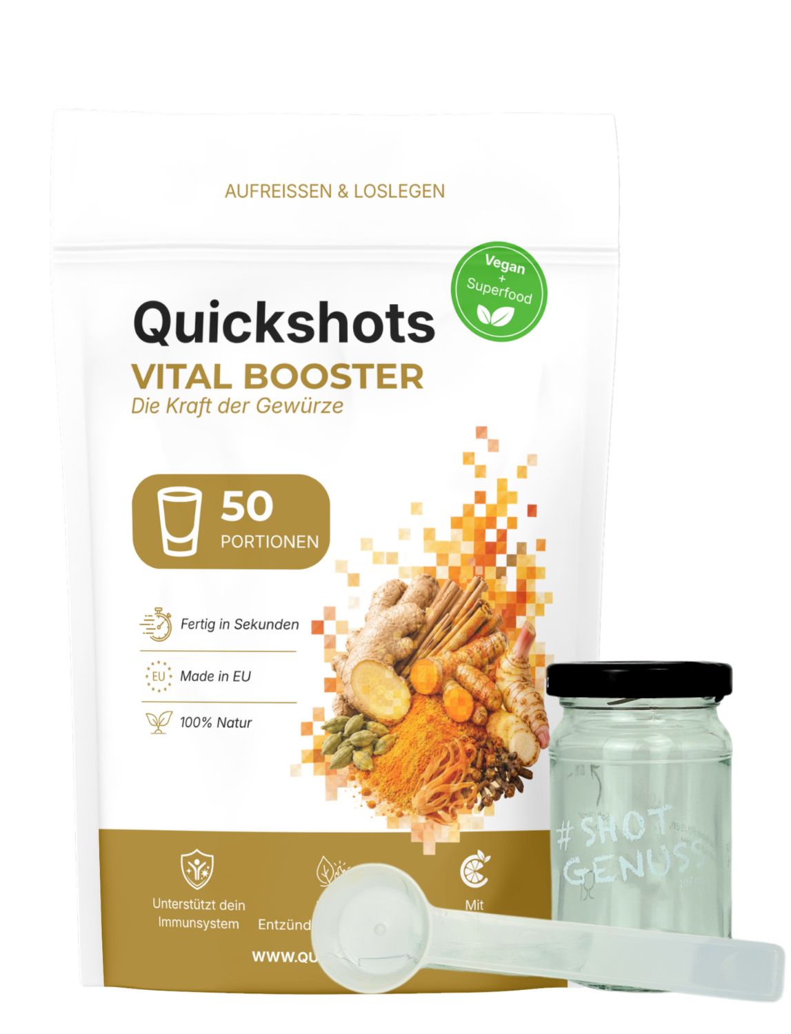 Quickshots VITAL BOOSTER Beutel mit Gewürzen. Enthält 50 Portionen. Vegan und Superfood.