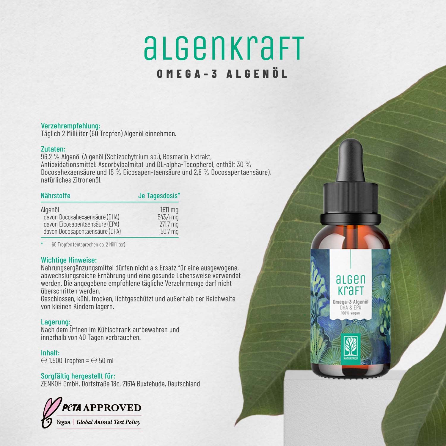 Omega-3 Algenöl mit DHA & EPA - Algenkraft - NATURTREU®