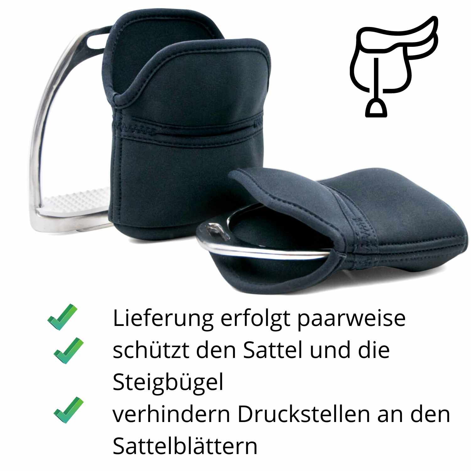 Zwei schwarze Steigbügelschoner aus Neopren. Text: Lieferung erfolgt paarweise, schützt Sattel und Steigbügel, verhindert Druckstellen.