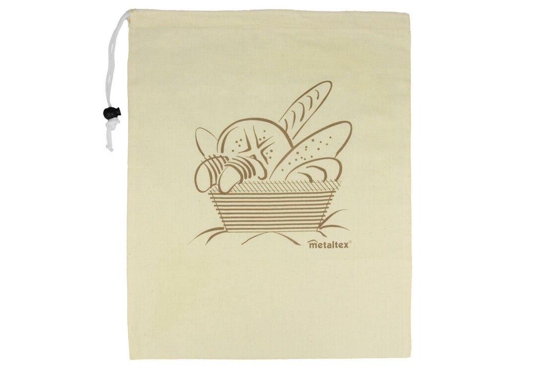 Beige Stoffbeutel mit Kordelzug. Aufdruck: Brot in Korb. Schriftzug: METALTEX.