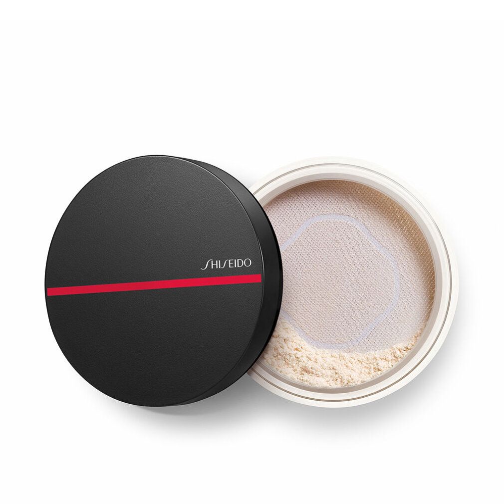 Offene, schwarze Dose mit rotem Streifen und losem Puder. Marke: Shiseido. Puder in heller Farbe. Inhalt: 6g.