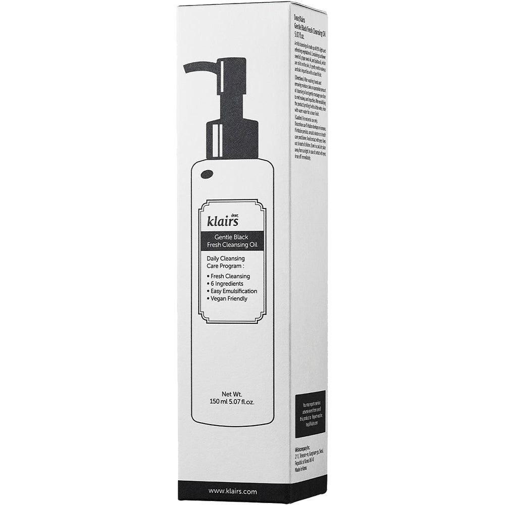 Verpackung von Gentle Black Fresh Cleansing Oil. Weiße Schachtel mit Produktabbildung und Text.