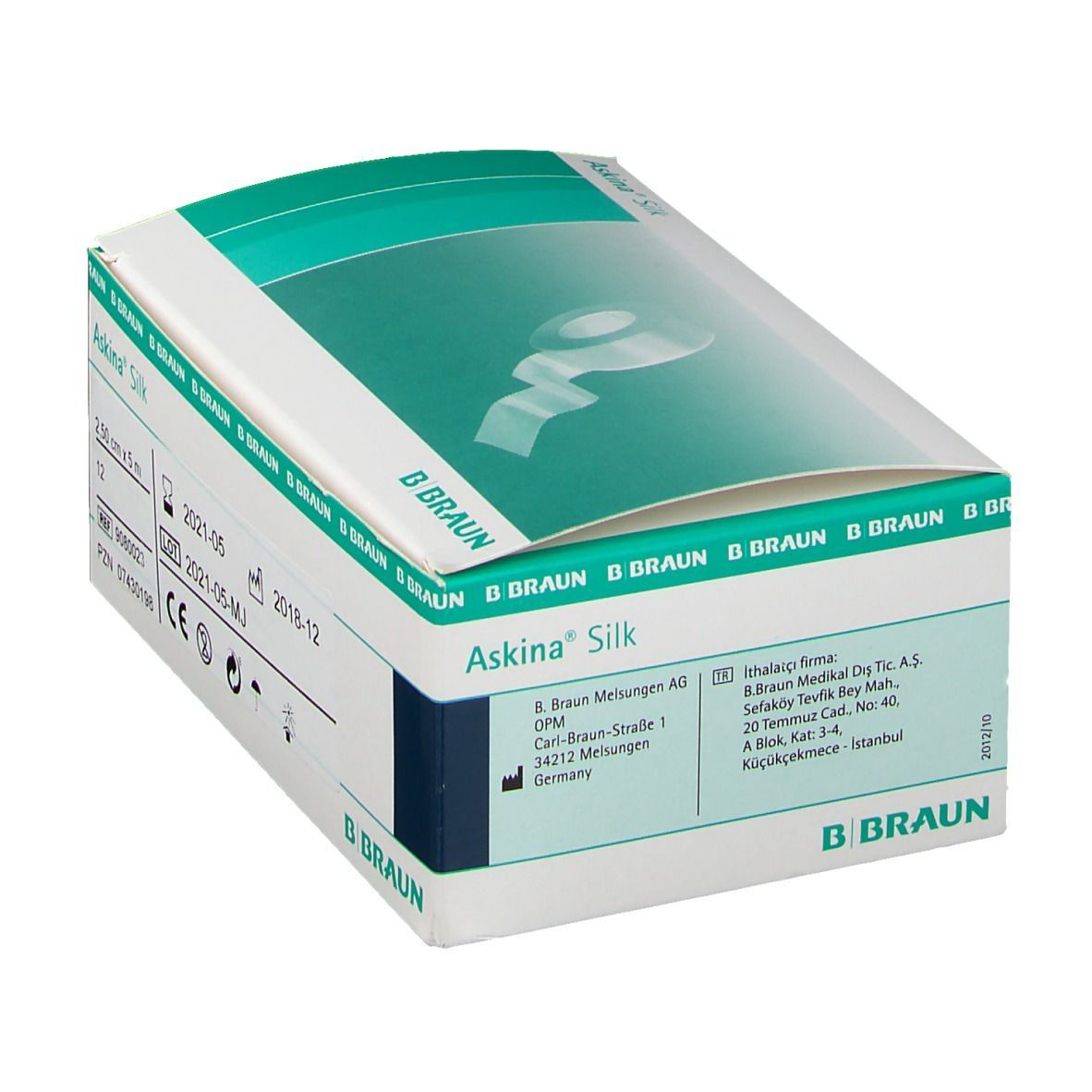 Askina® Silk Verpackung. Schachtel mit Produktnamen, B. Braun Logo und Informationen. Perspektivische Ansicht.