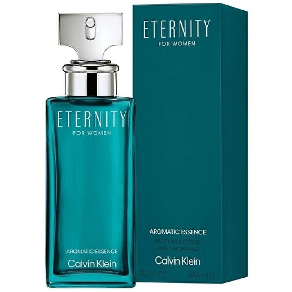 Türkisfarbener Flakon und Schachtel. Aufschrift: Eternity for Women, Aromatic Essence, Calvin Klein. 100 ml.