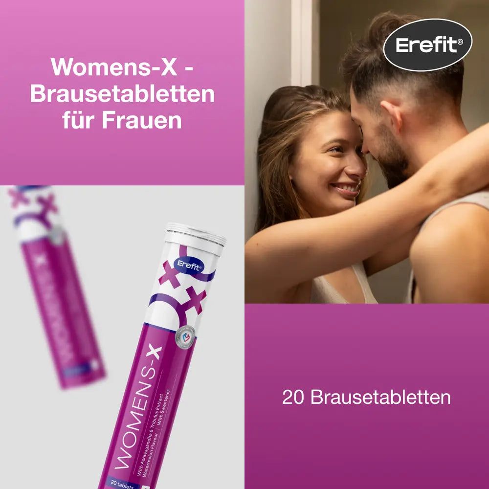 Paar umarmt sich. Aufschrift: Womens-X Brausetabletten für Frauen. Erefit Logo. 20 Brausetabletten. Tube mit Brausetabletten im Hintergrund.
