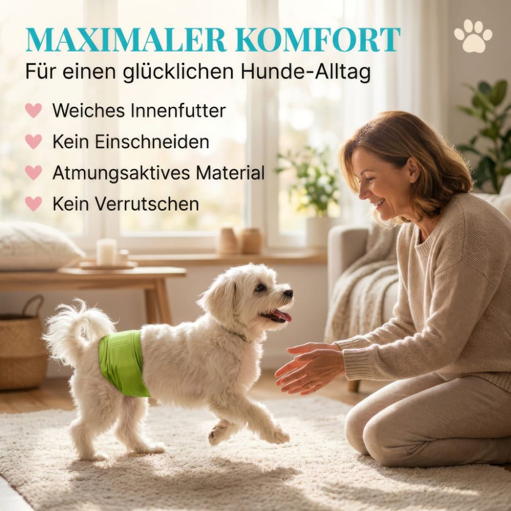 Frau und Hund. Hund trägt grüne Windel. Text: Weiches Innenfutter, kein Einschneiden, atmungsaktives Material, kein Verrutschen.
