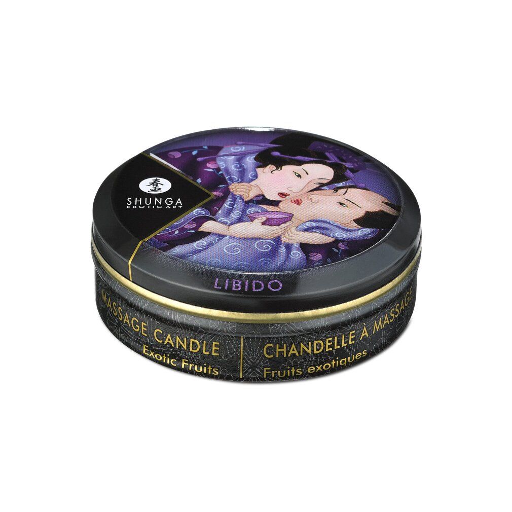 Shunga Massagekerze Libido/Exotic Fruits, geschlossene schwarze Dose mit erotischer Kunst auf dem Deckel.