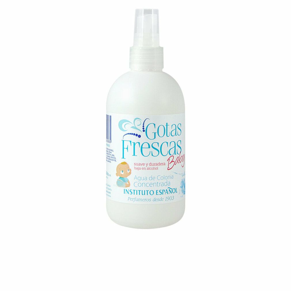 Weiße Flasche mit Sprühkopf. Aufschrift: Gotas Frescas Baby, Agua de Colonia Concentrada. INSTITUTO ESPAÑOL.