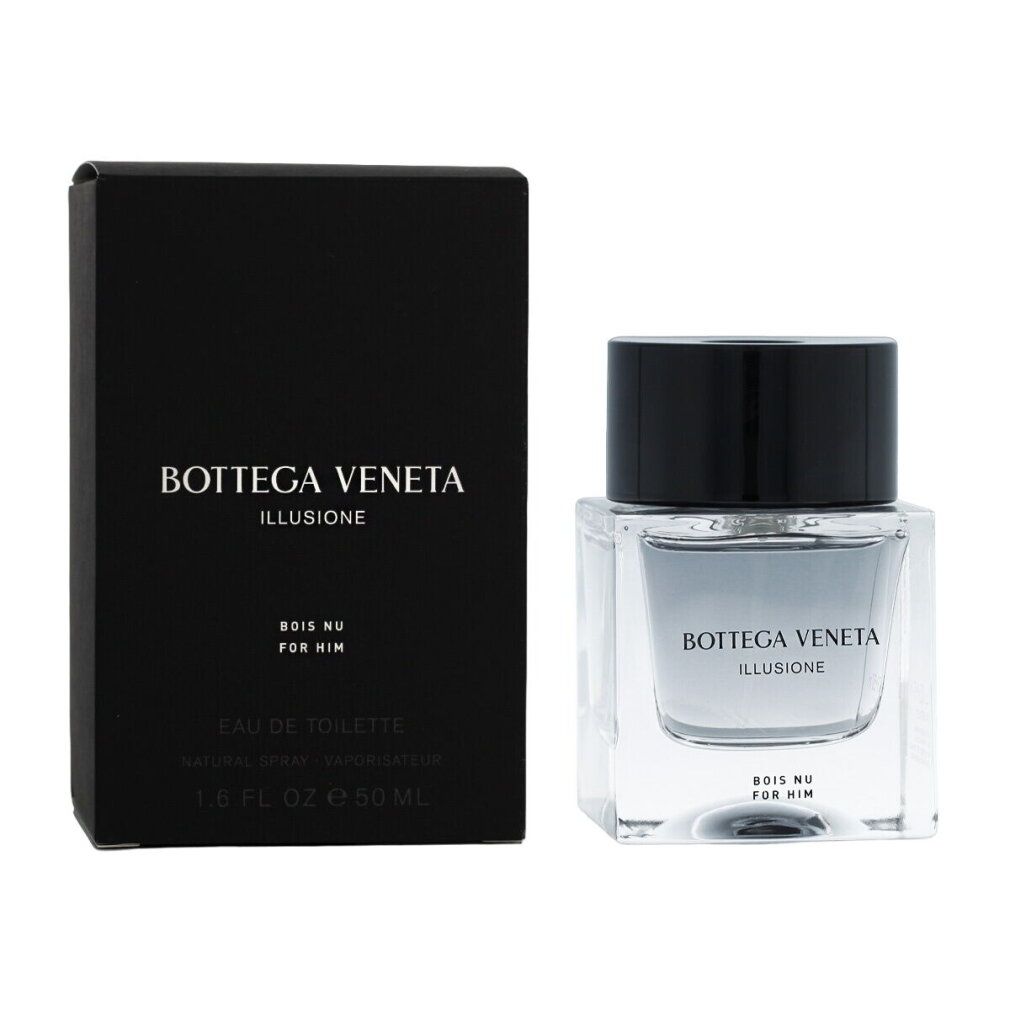 Glasflakon mit schwarzem Verschluss und schwarzer Verpackung. "BOTTEGA VENETA ILLUSIONE BOIS NU FOR HIM Eau de Toilette".