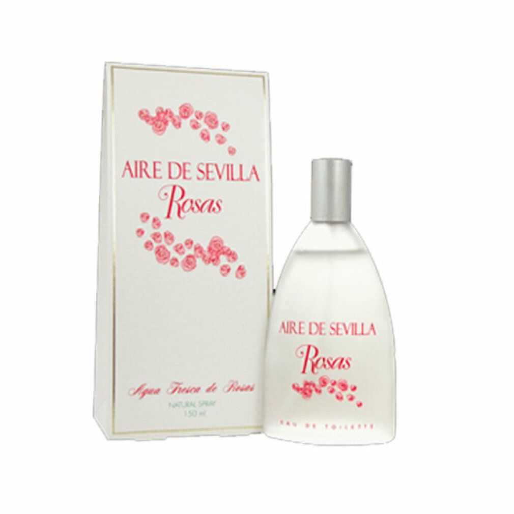 Flakon und Schachtel mit Aufschrift Aire de Sevilla Rosas. Rosa Blütenmuster. Eau de Toilette. Silberner Sprühkopf.