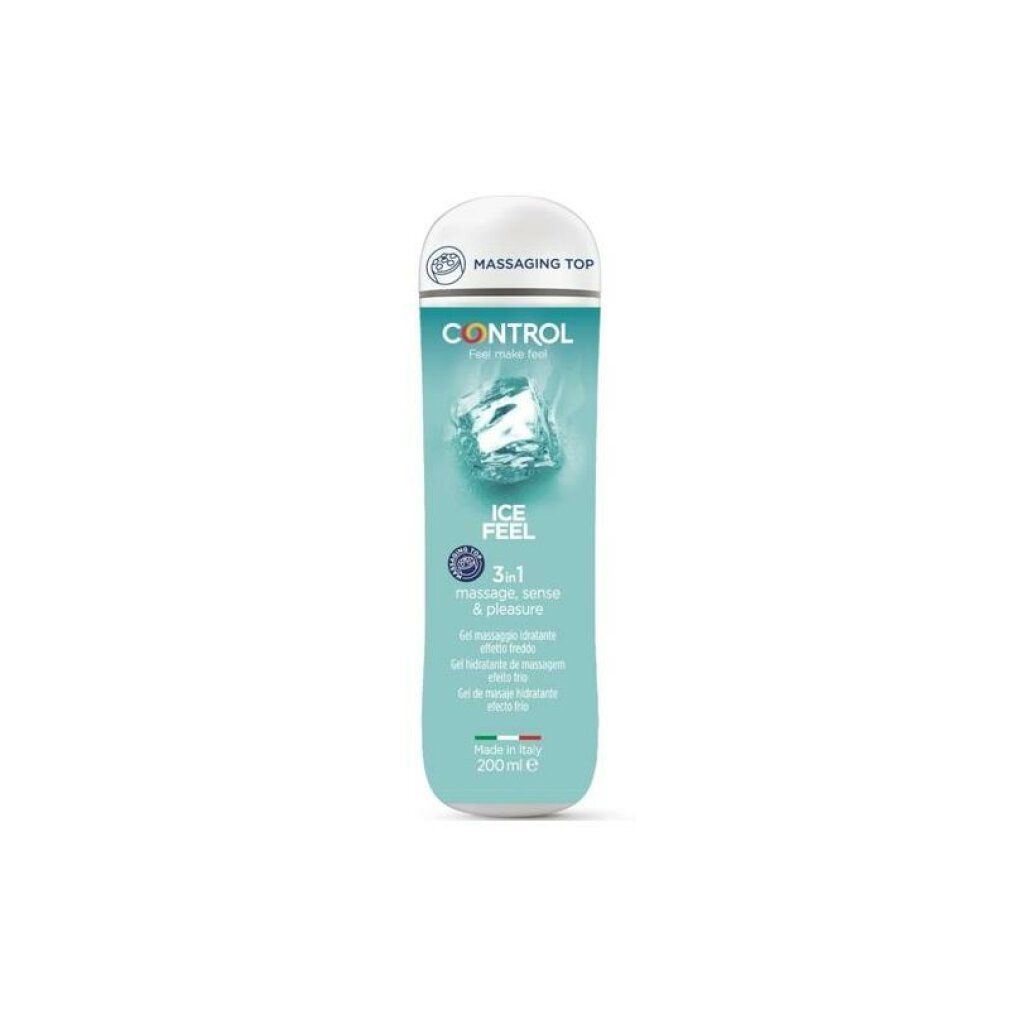 Türkisgrüne Flasche mit weißem Deckel. Aufschrift: CONTROL, ICE FEEL, 3in1. Gel für Massage, Sinnlichkeit & Vergnügen. Hergestellt in Italien.