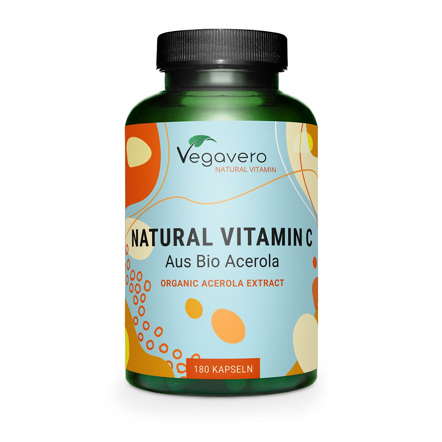 Grüne Glasflasche mit schwarzem Deckel. Aufschrift: NATURAL VITAMIN C Aus Bio Acerola. 180 Kapseln. Marke: Vegavero.