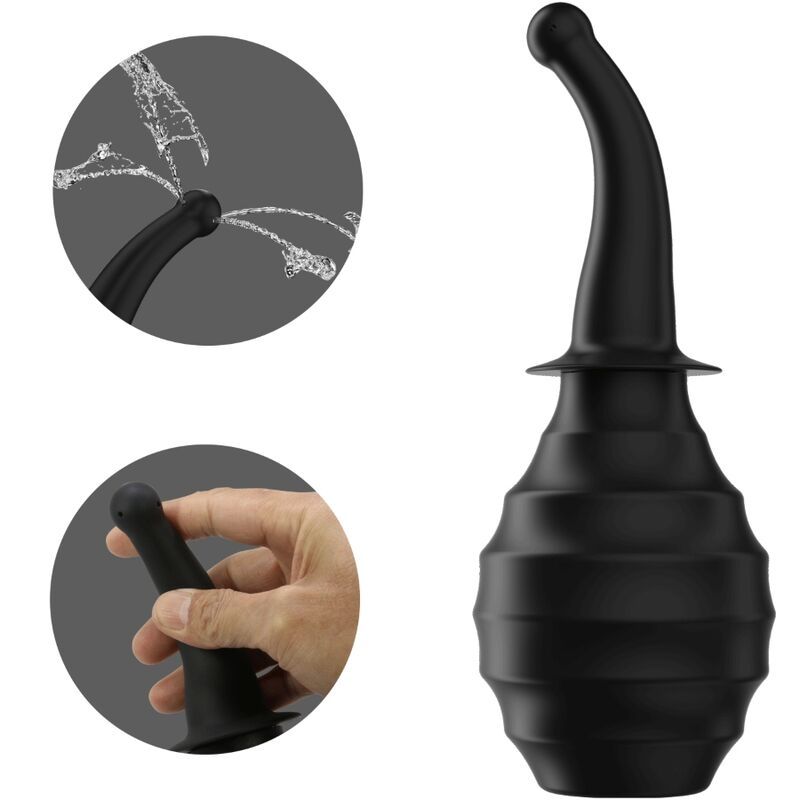 Schwarzes Produkt mit gebogener Spitze und geriffelter Basis. Nahaufnahmen von Details.