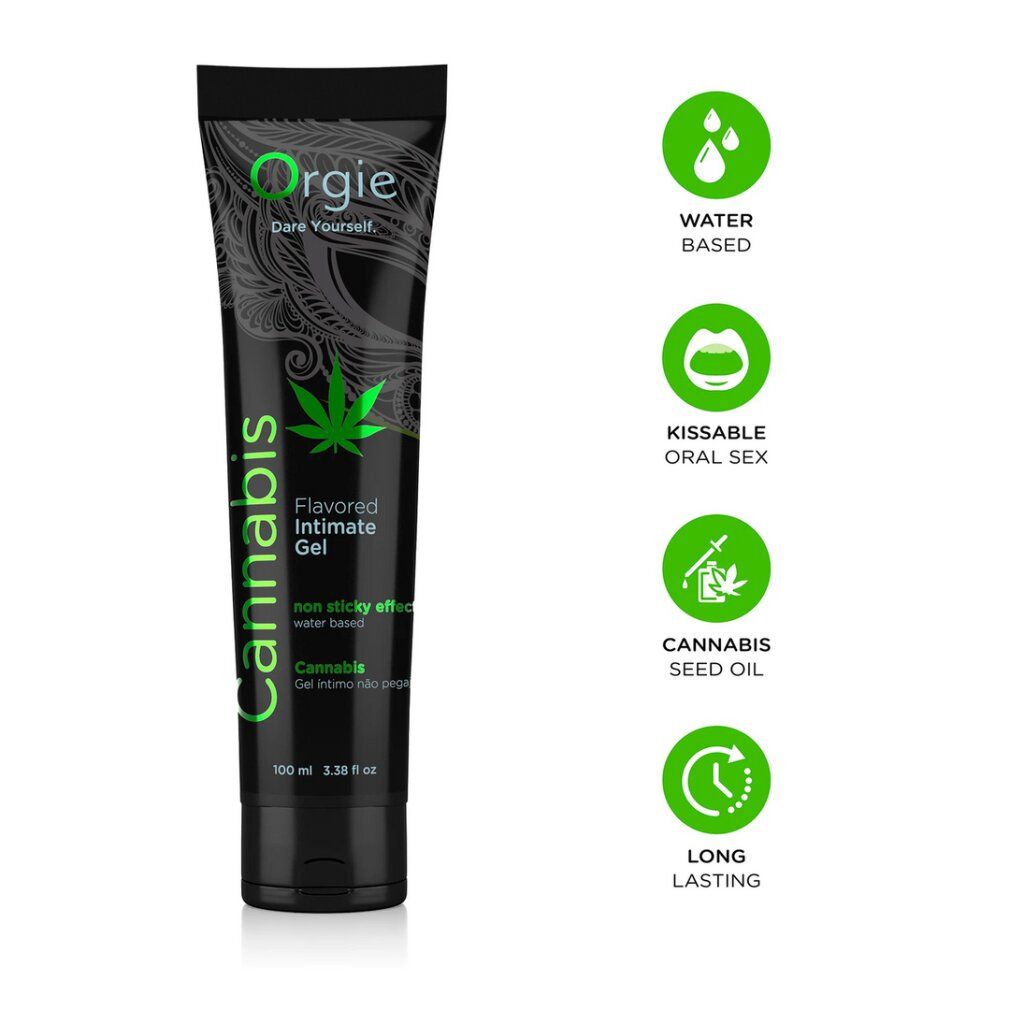Orgie Cannabis Flavored Intimate Gel, 100ml Tube. Wasserbasiert, küssbar, mit Hanfsamenöl.
