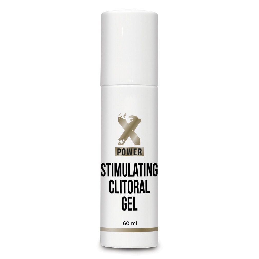 Weißes Fläschchen mit schwarzer Schrift: Xpower, Stimulierendes Clitoral Gel. 60 ml. Logo mit gekreuzten X.