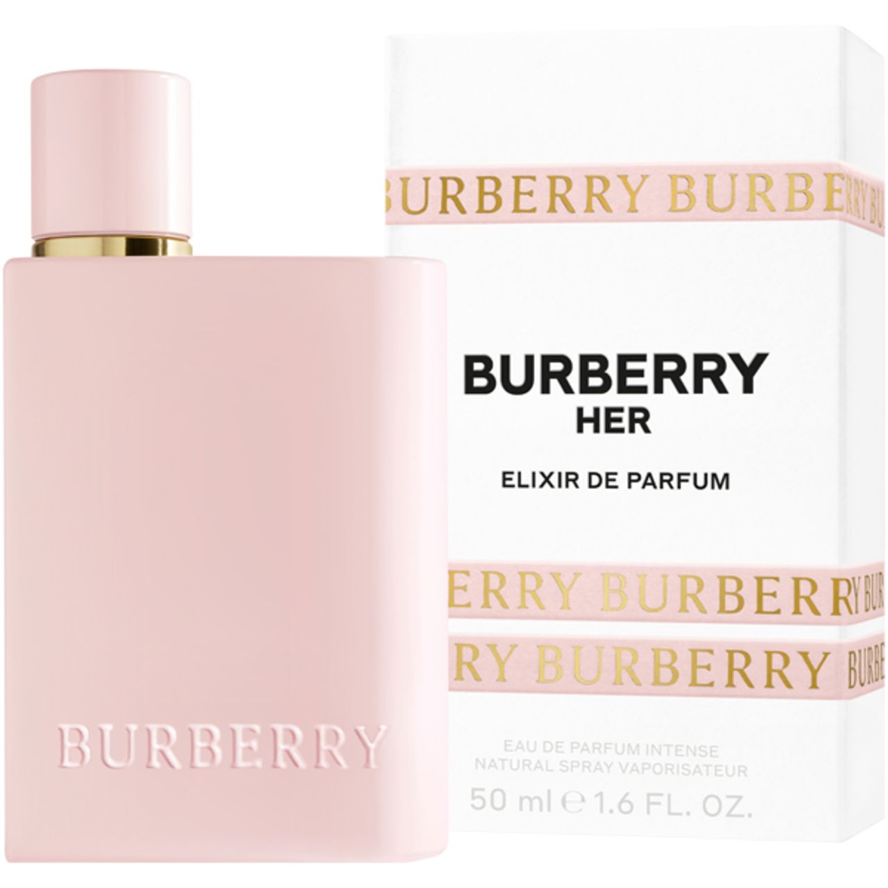 Rosa Burberry Her Elixir Flakon und Verpackung. Flakon mit goldener Kappe. Verpackung mit Burberry-Schriftzug.