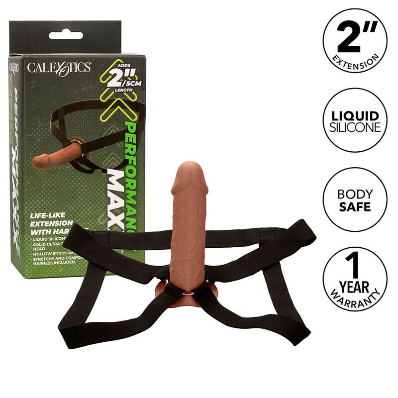 Harness-Penisverlängerung mit braunem Silikon-Dildo. Schwarzer Harness mit Ring. Produktverpackung mit Logo und Text.