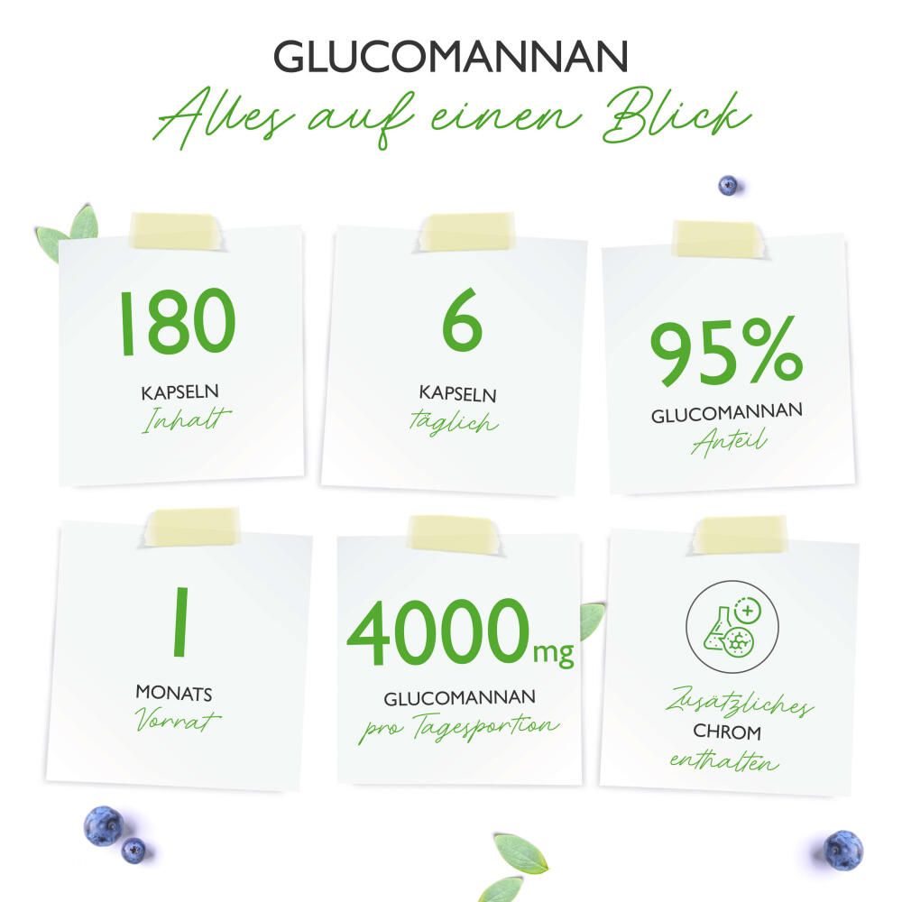 Infografik mit Notizzetteln. 180 Kapseln, 6 Kapseln täglich, 95% Glucomannan, 1 Monat Vorrat, 4000mg pro Tagesportion, Chrom enthalten.