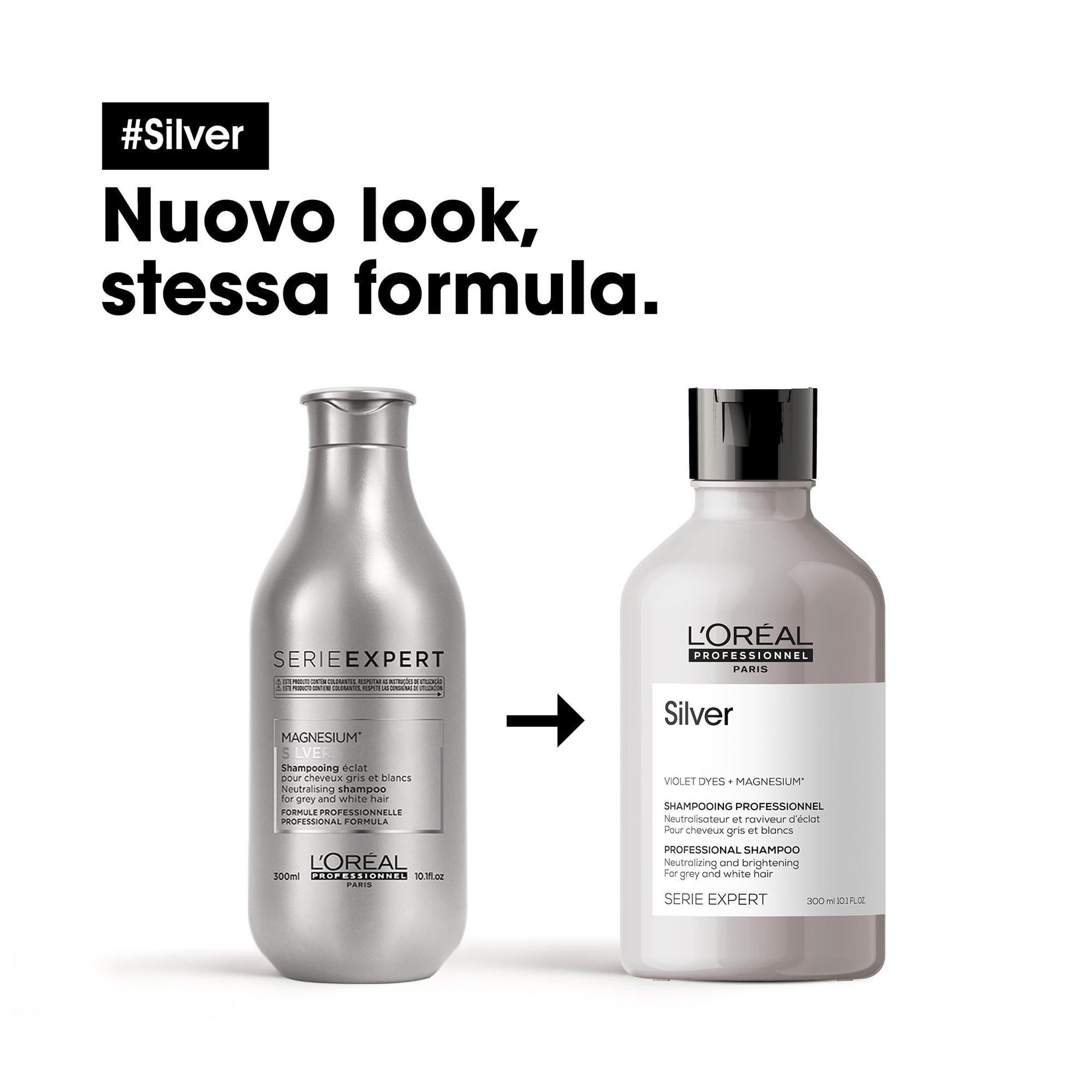 Zwei silberne Shampoo-Flaschen. Links: Serie Expert Magnesium. Rechts: Silver, L'Oréal Professionnel. Pfeil zwischen den Flaschen.