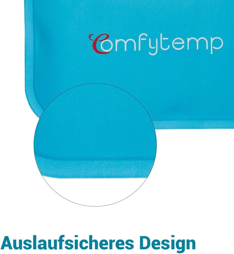 Nahaufnahme der Naht einer blauen Kompresse mit dem Logo "Comfytemp".