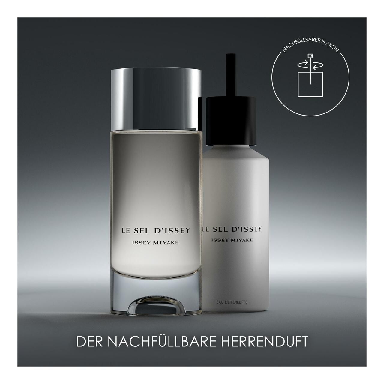 Zwei Flakons. Einer mit silbernem Deckel, einer ohne. Aufschrift: Le Sel d'Issey, Issey Miyake. Text: Der nachfüllbare Herrenduft.