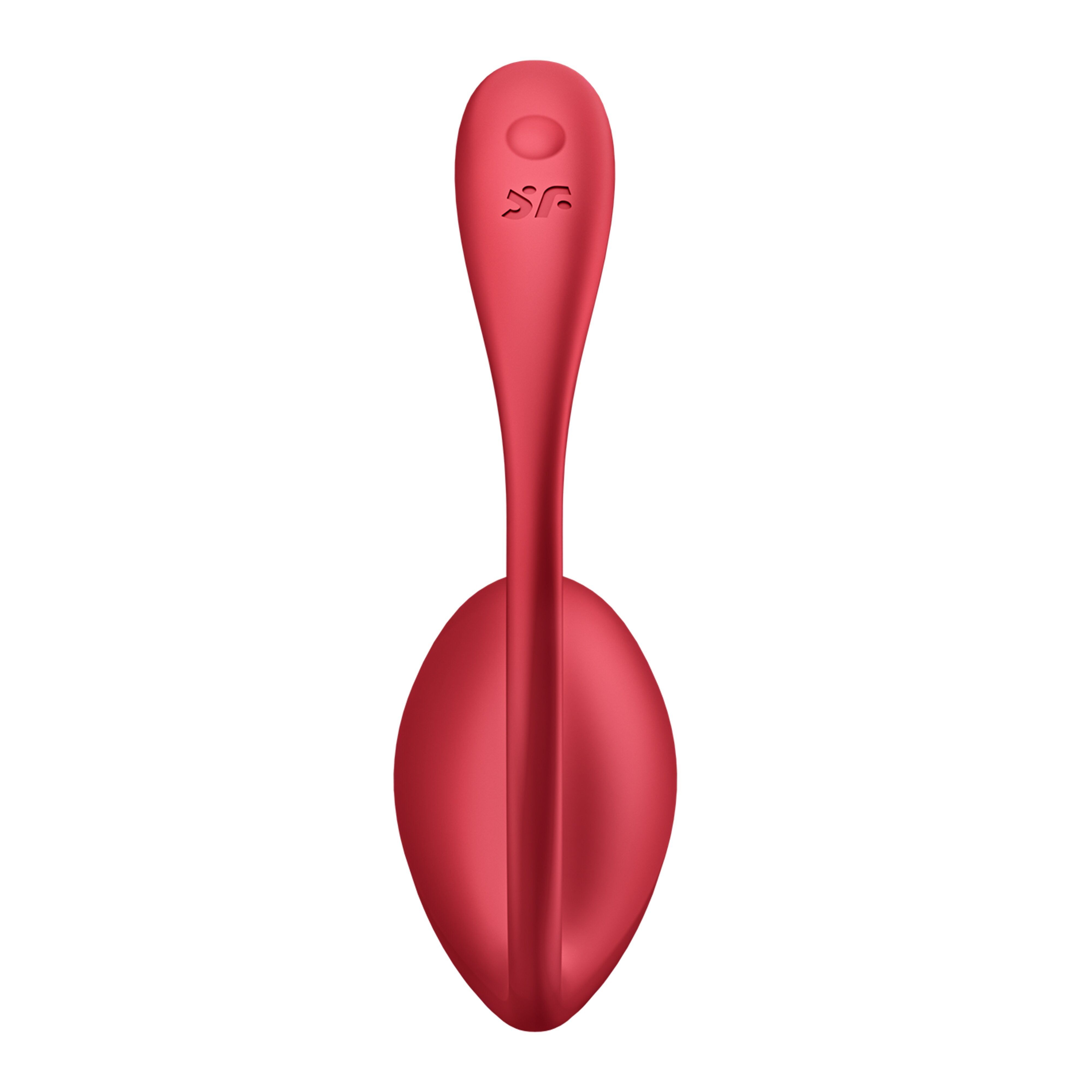 Roter Vibrator mit ovaler Basis und langem, geradem Stiel. Oberteil mit Logo.