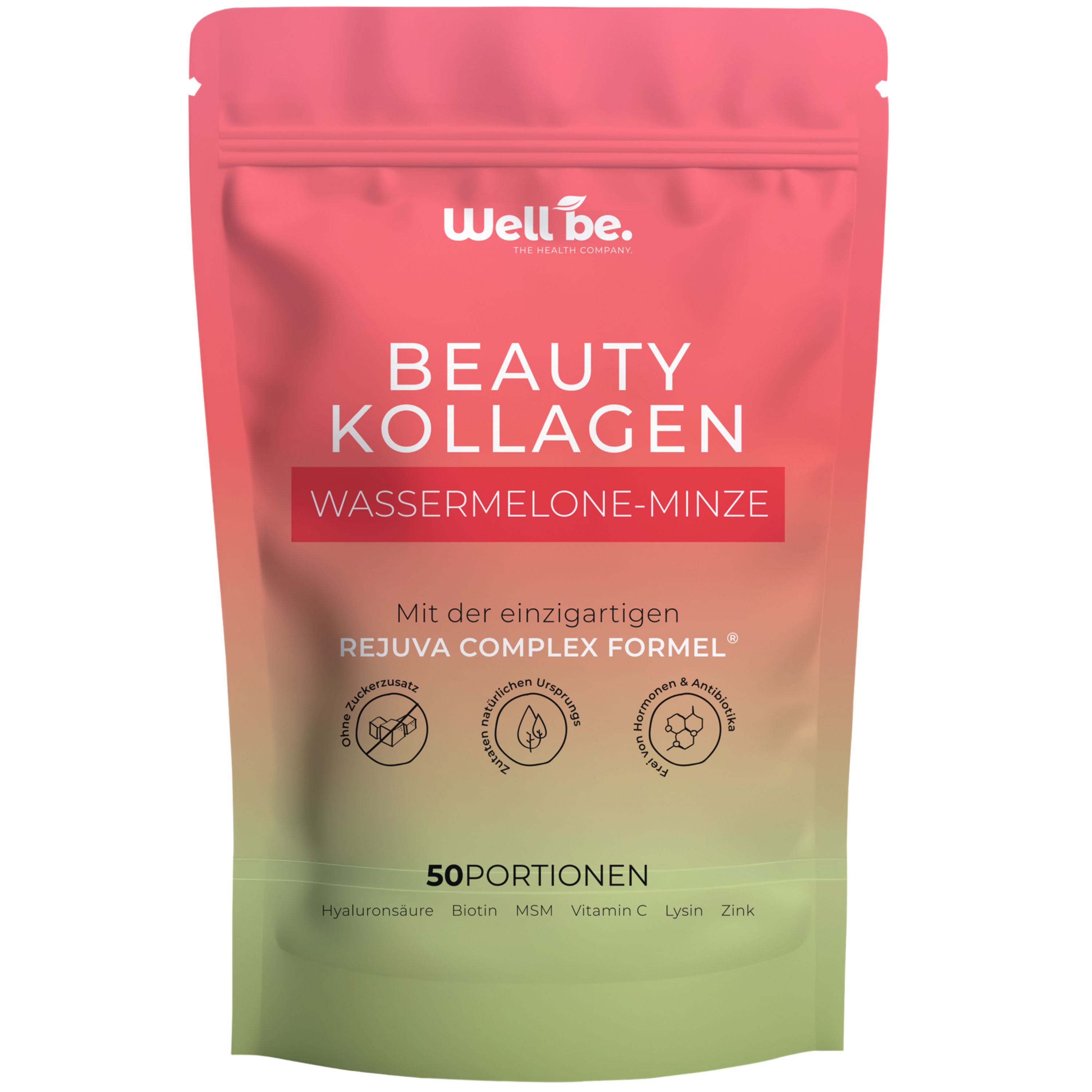 Fünf Beutel Well be. Beauty Kollagen Wassermelone-Minze Pulver.