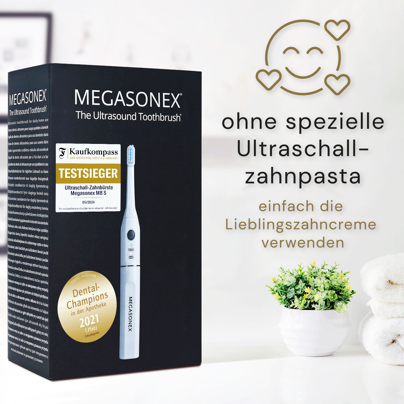 Zahnbürste und Verpackung. Text: MEGASONEX, The Ultrasound Toothbrush. Testsiegel. Ohne spezielle Ultraschallzahnpasta. Verwenden Sie Ihre Lieblingszahnpasta.