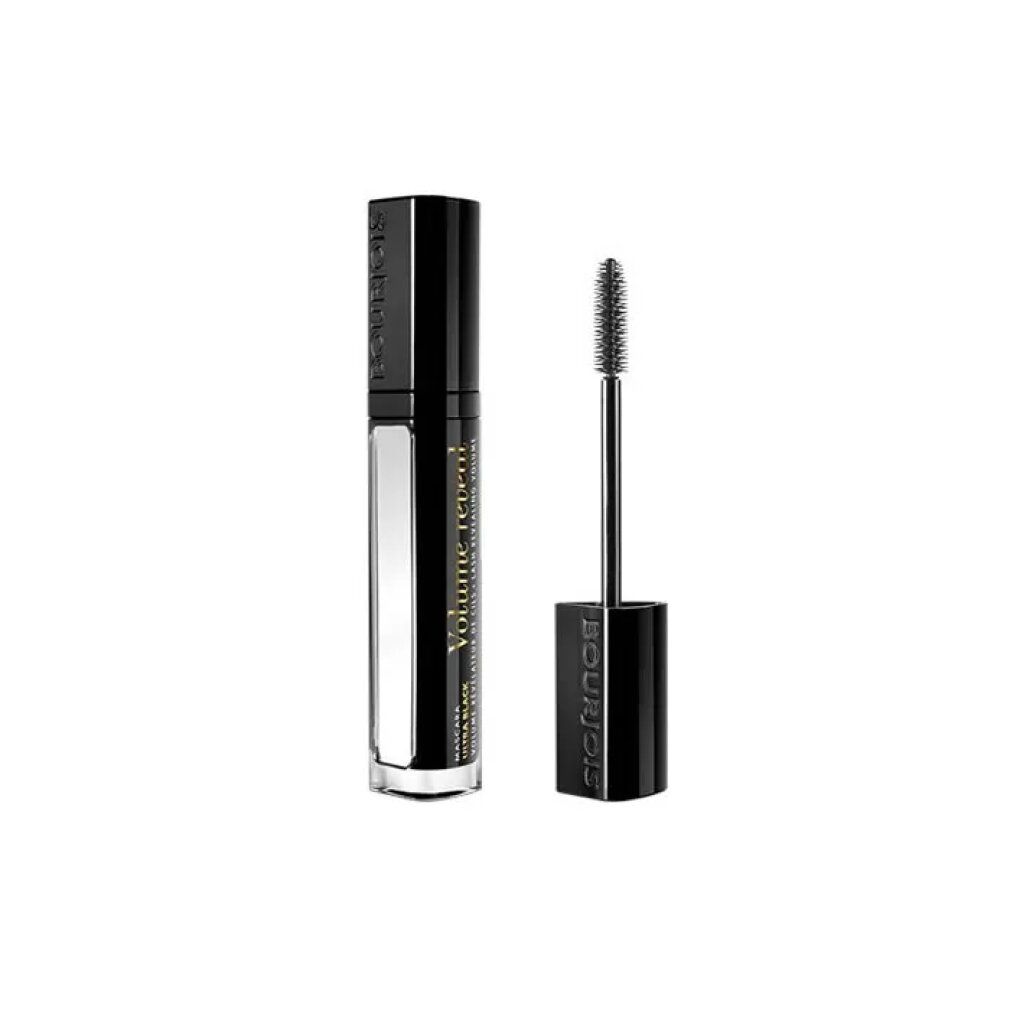 Schwarze Mascara mit Bürste. Aufschrift: Volume Reveal Ultra Black. Schwarze Hülse mit Bürste.