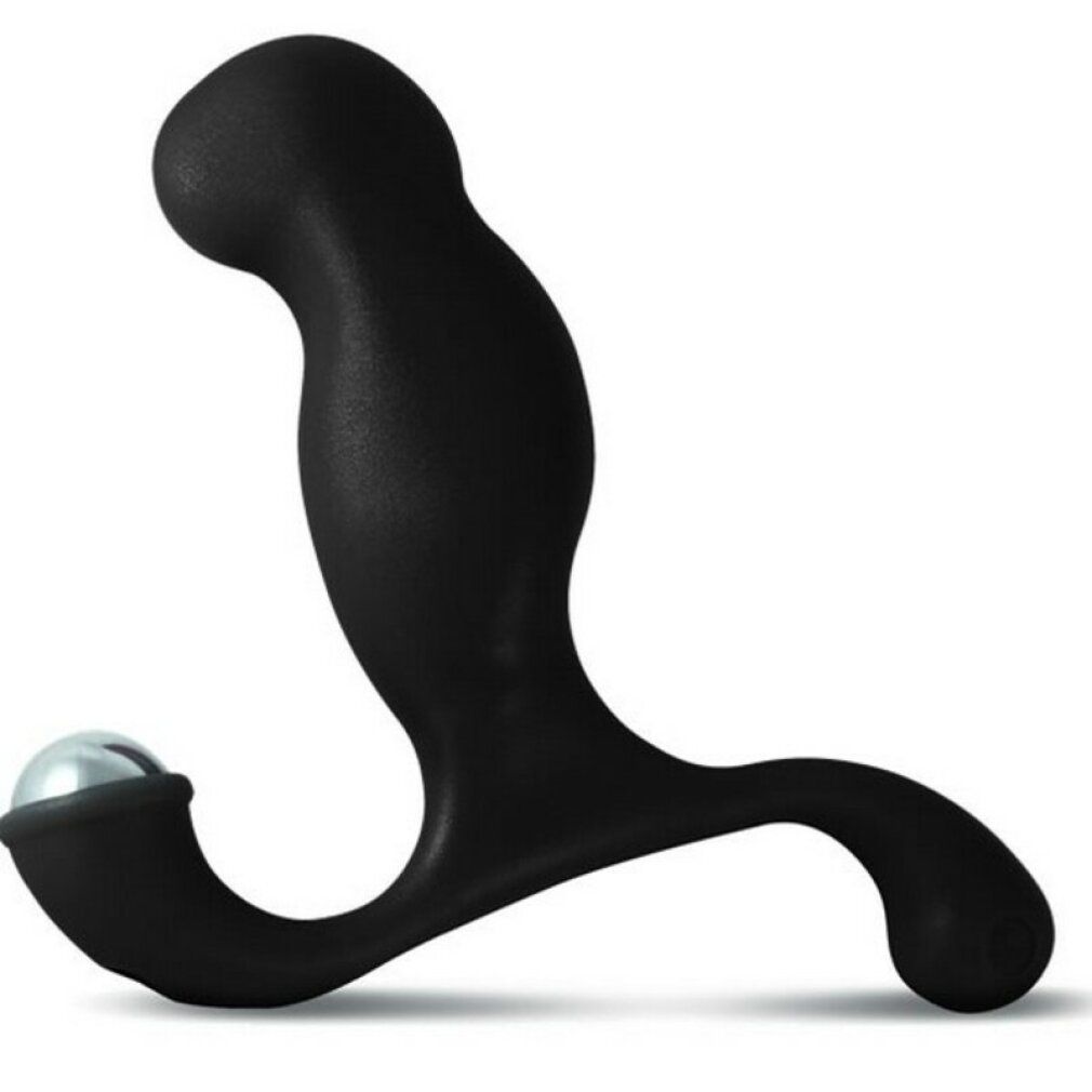 Schwarzes Wellness-Produkt mit gebogener Form und metallischer Kugel. Ergonomisches Design.