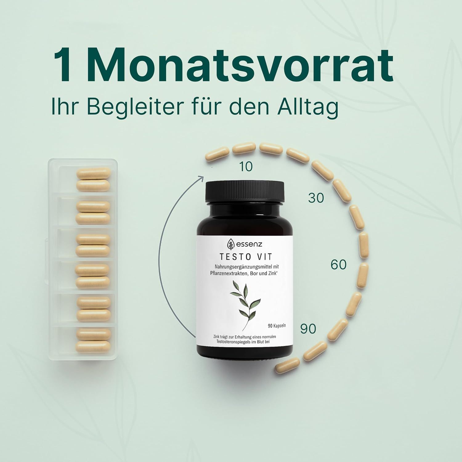 ESSENZ Testo Vit Kapseln Flasche und Kapseln in einem Behälter. Text: 1 Monatsvorrat. 60 Kapseln.