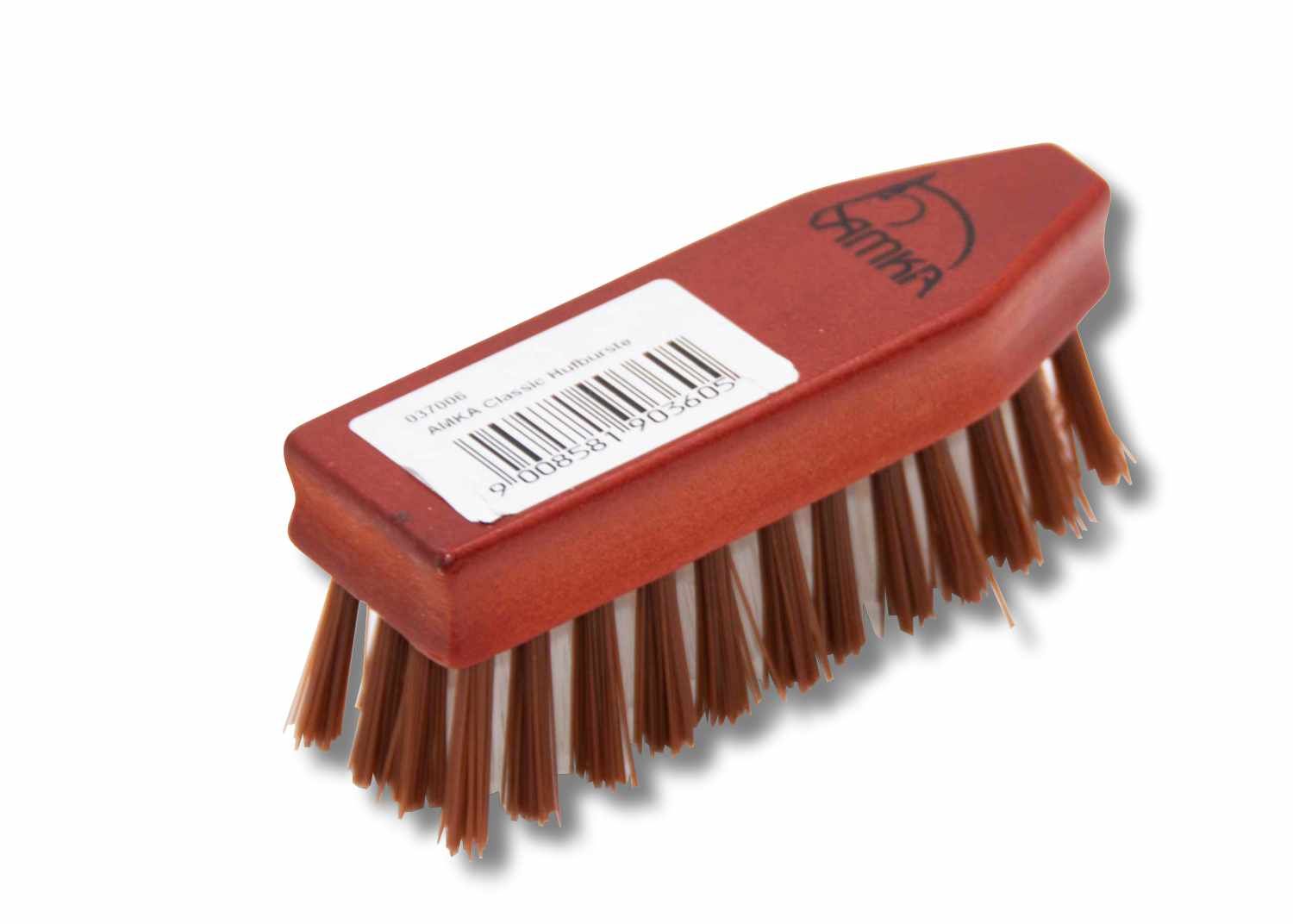 Hufbürste mit Holzgriff. Etikett mit Barcode. Braune Borsten.