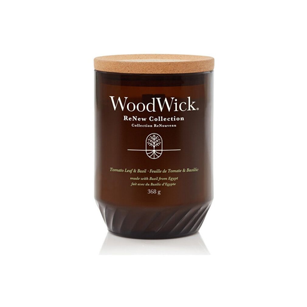 Braune Kerze mit Korkdeckel. Aufschrift: WoodWick, ReNew Collection, Tomato Leaf & Basil. Glasbehälter mit gewellter Basis, 368g.