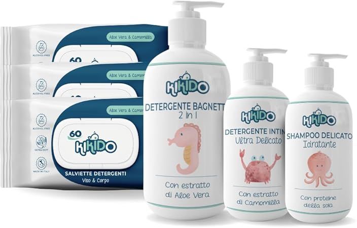 Mehrere Produkte der Marke Kikido. Feuchttücher, Shampoo, Intimreiniger und Badegel. Verpackungen mit Pumpaufsatz und Feuchttücher-Packung.
