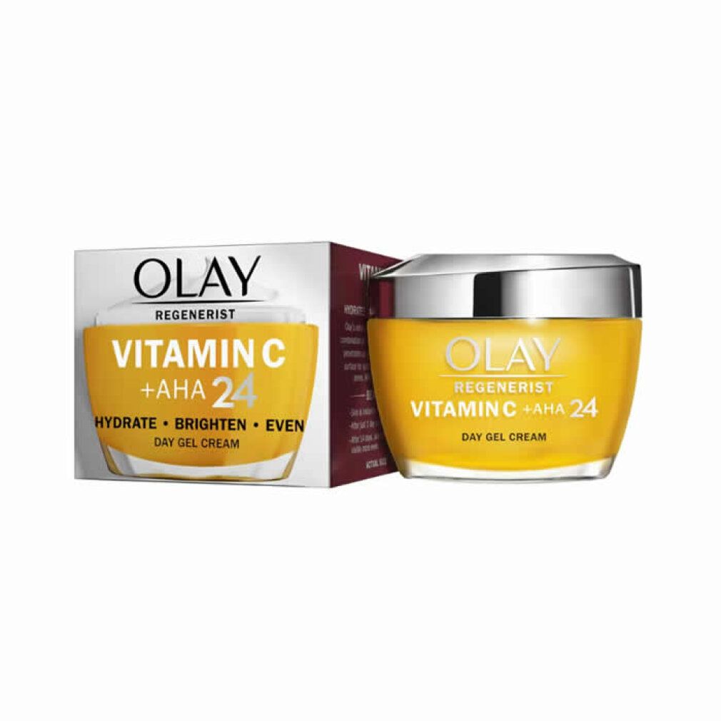 Olay Regenerist Vitamin C + AHA 24 Tagesgelcreme. Gelbe Creme in Glas, silberner Deckel. Karton mit Produktinformationen.
