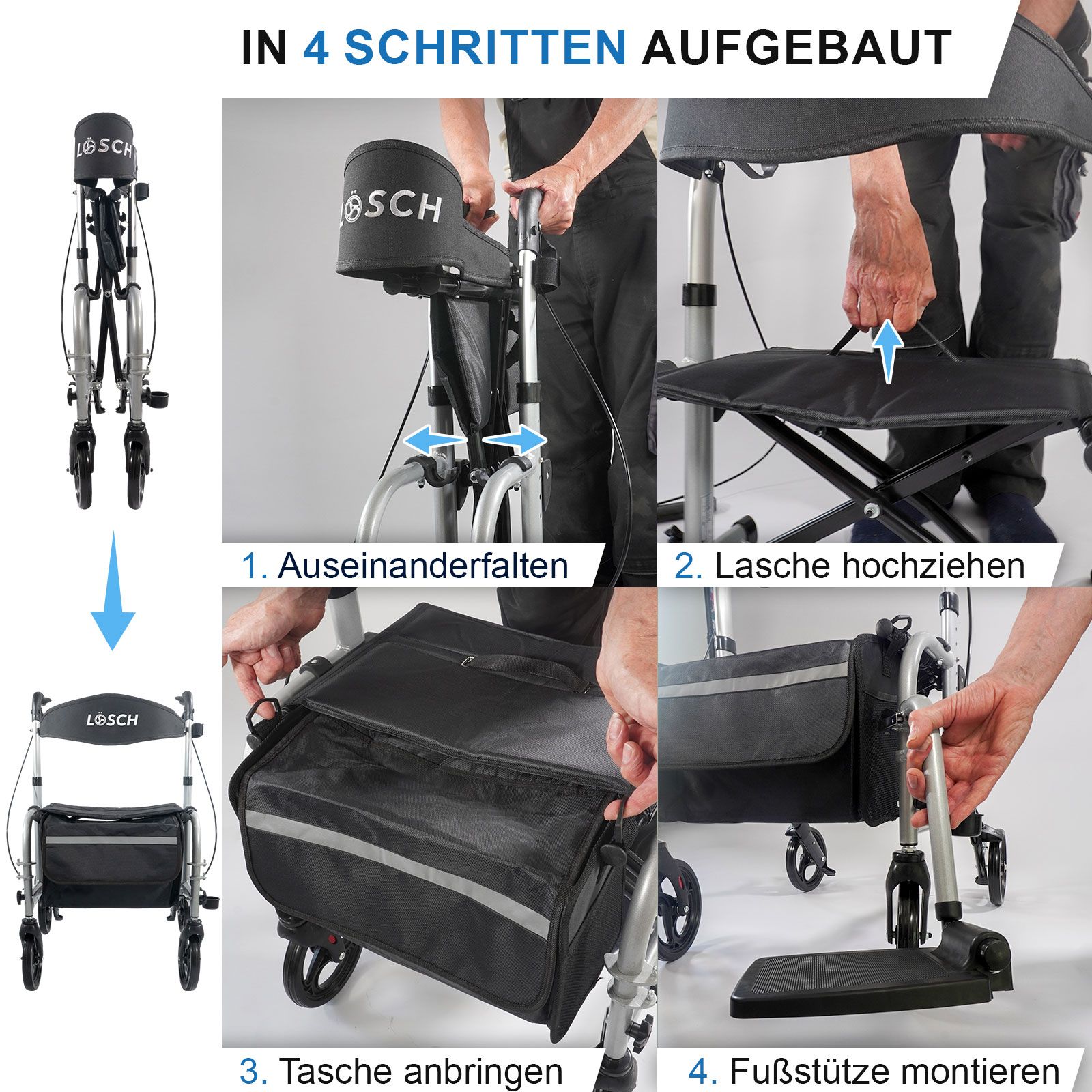 Rollator & Rollstuhl Twin, silberfarben, mit schwarzem Sitz und Tasche. Aufbau in 4 Schritten: Falten, Lasche, Tasche, Fußstützen.